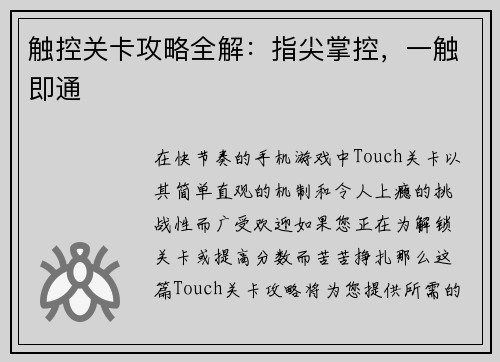 触控关卡攻略全解：指尖掌控，一触即通