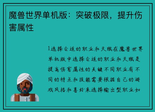 魔兽世界单机版：突破极限，提升伤害属性